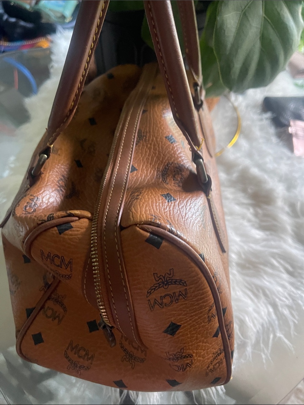 MCM Cognac/Black Logo Visetos Satchel - Picture 3 of 6